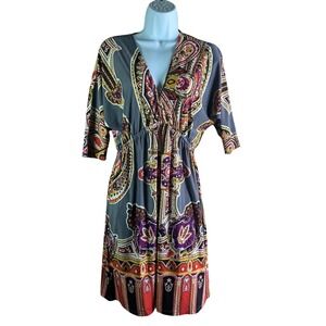 Cristina Love Paisley Print V-Neck Elastic Waist Dress XL Grey‎ Purple Orange